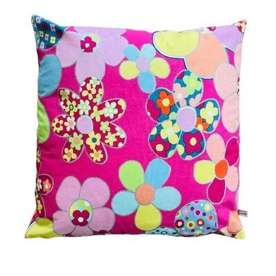 nachhaltiges Kissen Hippie-Blumen + Innenkissen - rosa mit farbigen Blumen - 45x45cm - weiche Baumwolle