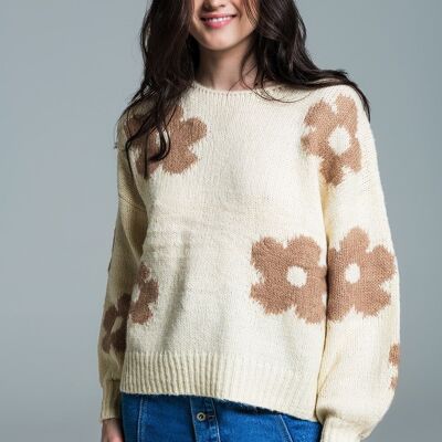 Oversized Balloon Sleeve Cream Sweater With Light Brown Flowers