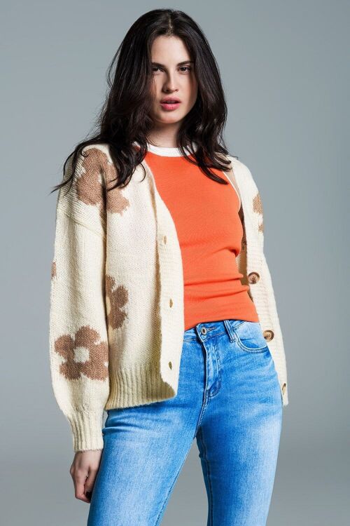 Cream cardigan with brown flowers and  wide V-neckline