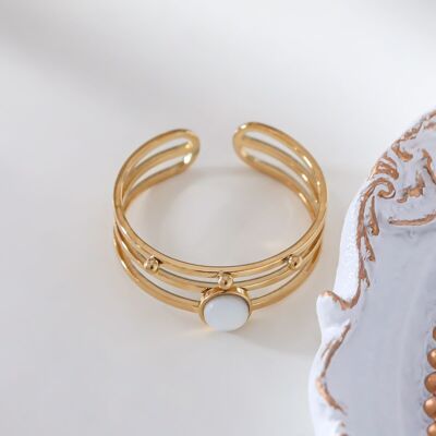 Gold line ring with dots and white stone