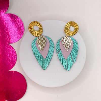 Turquoise leather feather earrings
