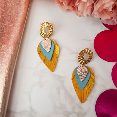 Yellow leather feather earrings