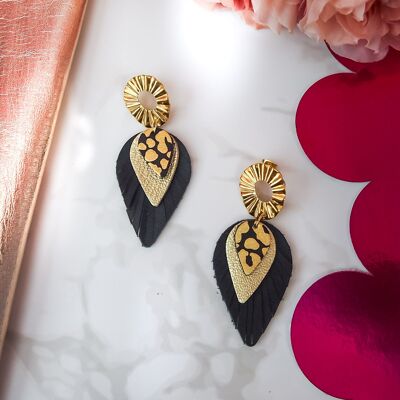 Boucles d'oreilles en cuir noir plumes