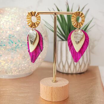 Boucles d'oreilles en cuir rose plumes 5