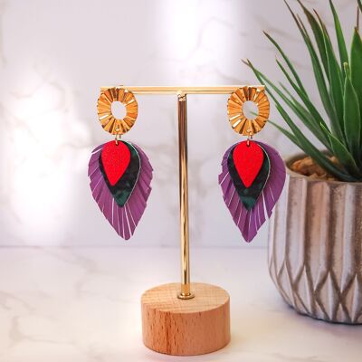 Pendientes de plumas de cuero morado