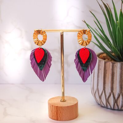 Purple leather feather earrings