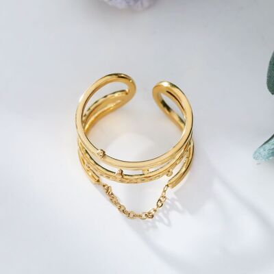 Gold multi-line ring with chain