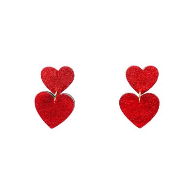 Orecchini a doppio cuore in pelle rossa