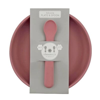 Piatto e cucchiaio in silicone rosa antico