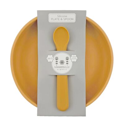 Assiette et cuillère silicone ocre