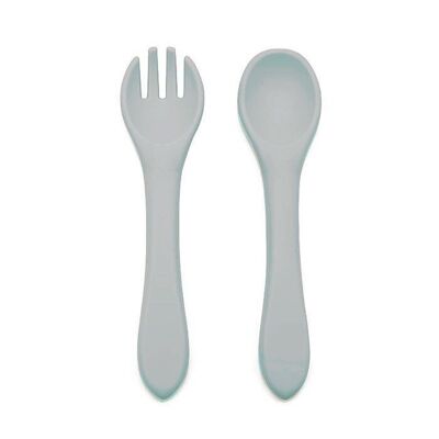 Cucchiaio e forchetta in silicone grigio argento