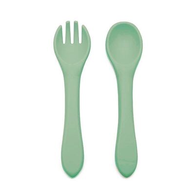 Cuillère et fourchette en silicone camée vert
