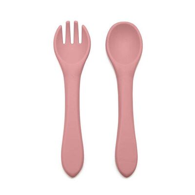 Cuillère et fourchette en silicone rose poussiéreuse