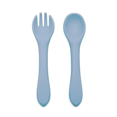 Cuillère et fourchette en silicone pierre bleue
