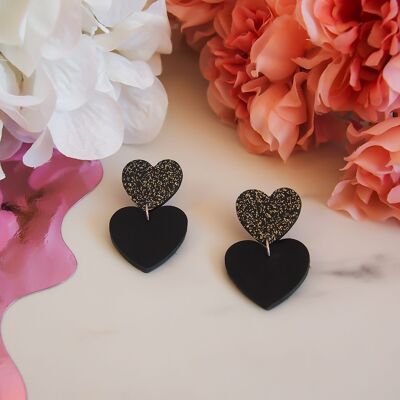Double heart black leather earrings