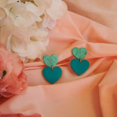 Boucles d'oreilles en cuir turquoise double coeur