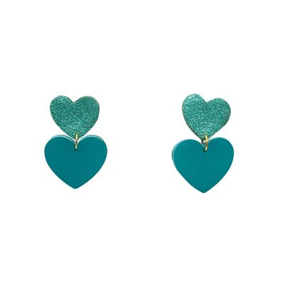 Pendientes doble corazón de cuero turquesa