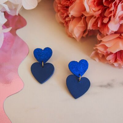 Double heart navy leather earrings