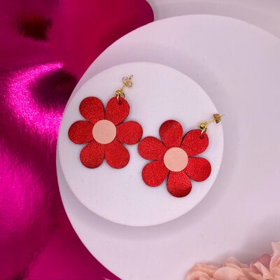 Red leather flower earrings