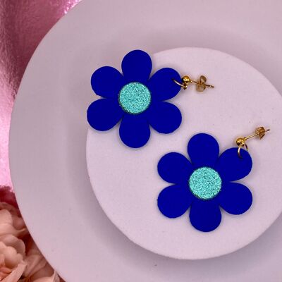 Blue flower leather earrings