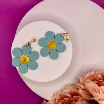 Light blue leather flower earrings