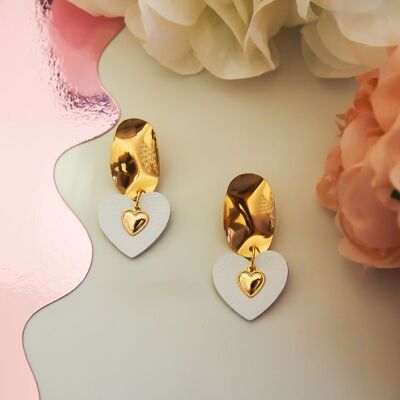 White leather earrings with small golden heart