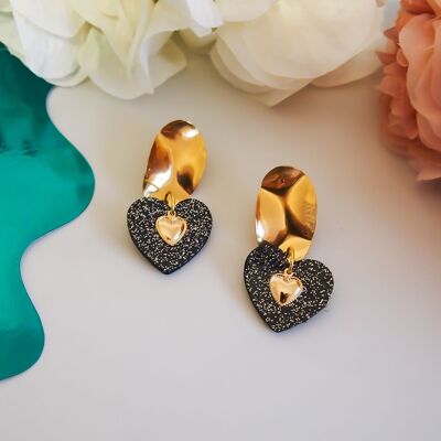 Black leather earrings with small gold heart