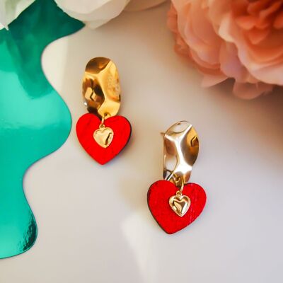 Red leather earrings with small gold heart