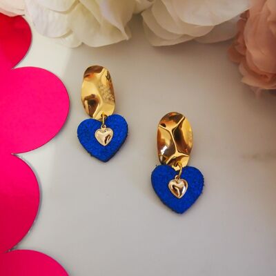 Navy blue leather earrings with small gold heart
