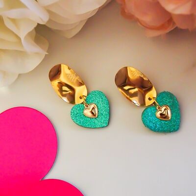Boucles d'oreilles en cuir turquoise avec petit coeur doré