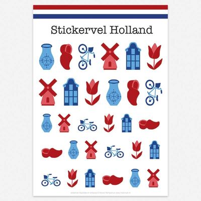 A5-Aufkleberblatt „I love Holland Red White Blue Clog Canal House Mill Bicycle Tulip“.