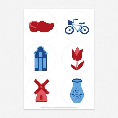 A6-Aufkleberblatt „I Love Holland Red White Blue Clog Canal House Tulip Mill Bicycle“.