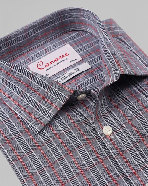 Men's Formal Grey Red Grid Check Easy - Iron Shirt