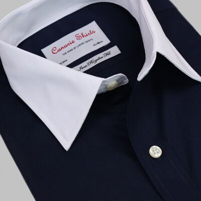 Camisa de sarga azul marino y blanca para hombre, ajuste regular, puños dobles