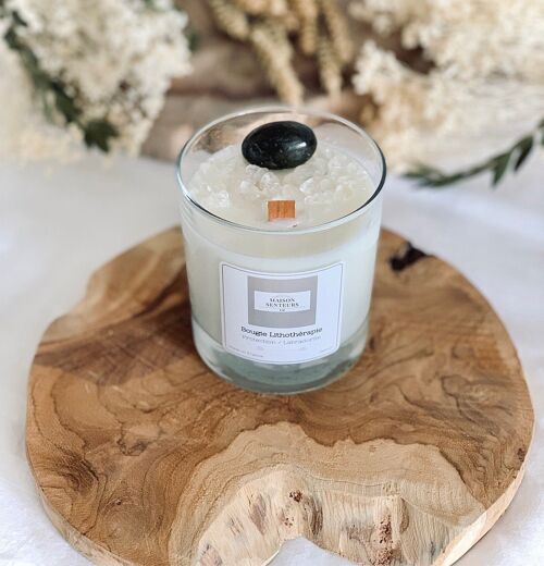 Bougie Lithothérapie Protection - Labradorite / Parfum Jasmin / mèche en bois