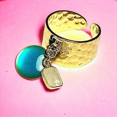 Anillo “SYLVIE” de oro fino con piedra lunar y lentejuela esmaltada