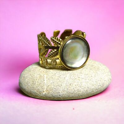 „FREDERIQUE“-Ring aus Edelstahl und grauem Perlmutt
