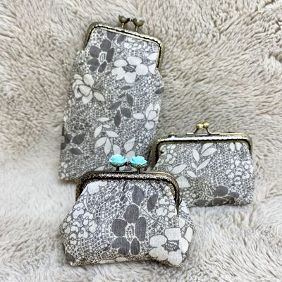 The trio of glasses cases + large coin purse + small retro style silk purse