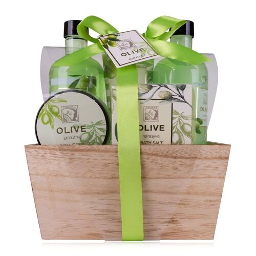 Duschset Frauen Geschenkset OLIVE in schöner Holzbox – 5-teiliges Pflegeset