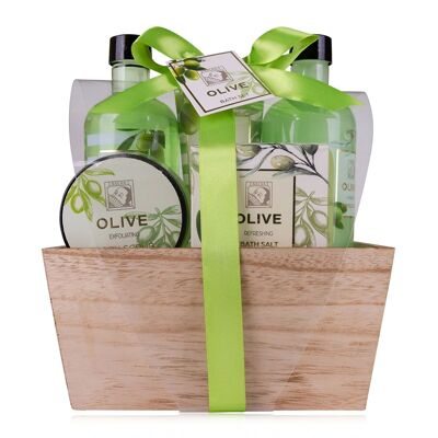 Set de ducha para mujer, set de regalo OLIVA en una bonita caja de madera - Set de cuidado de 5 piezas