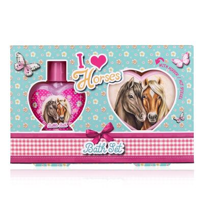 Set regalo I LOVE HORSES con bagnoschiuma e specchio