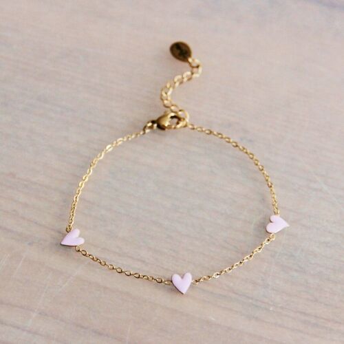 Stainless steel fine bracelet with 3 hearts – light pink/gold