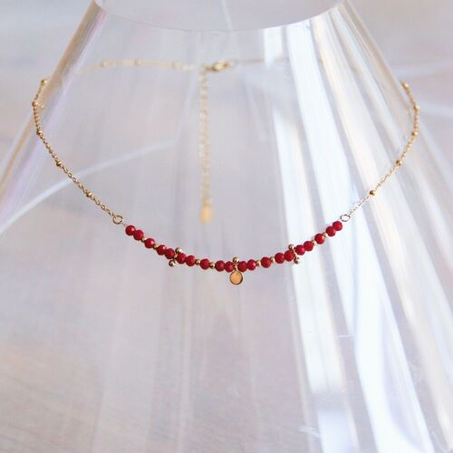 Stainless steel fine chain with mini facets and beads – cherry red/gold