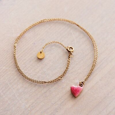 Stainless steel fine chain with glitter heart - pink/gold