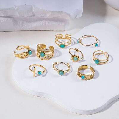 Set mit 10 Ringen mit blauen Steinen