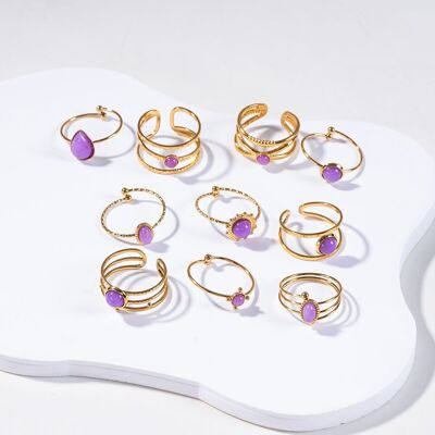 Set mit 10 Ringen mit lila Steinen