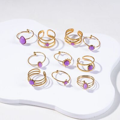 Set de 10 anillos con piedras moradas