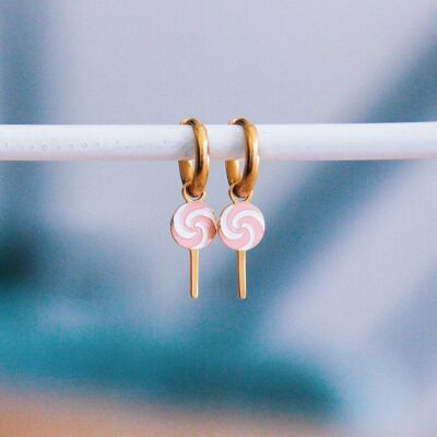 Stainless steel hoop earrings with lollipop – pink/white