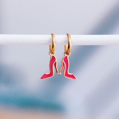 Stainless steel hoop earrings with pumps – bright pink