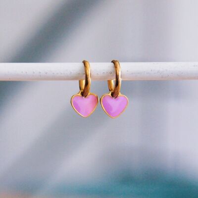 Boucles d'oreilles créoles en acier inoxydable avec mini coeur – lilas